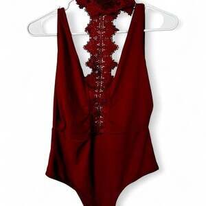 Red Lace Deep V-Neck Racerback Bodysuit Lingerie - Size Large